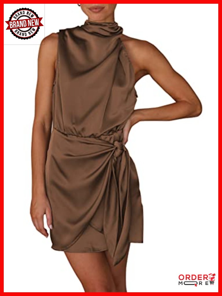 Women's Satin Mock Neck Sleeveless Tie Waist Mini Cocktail Dress